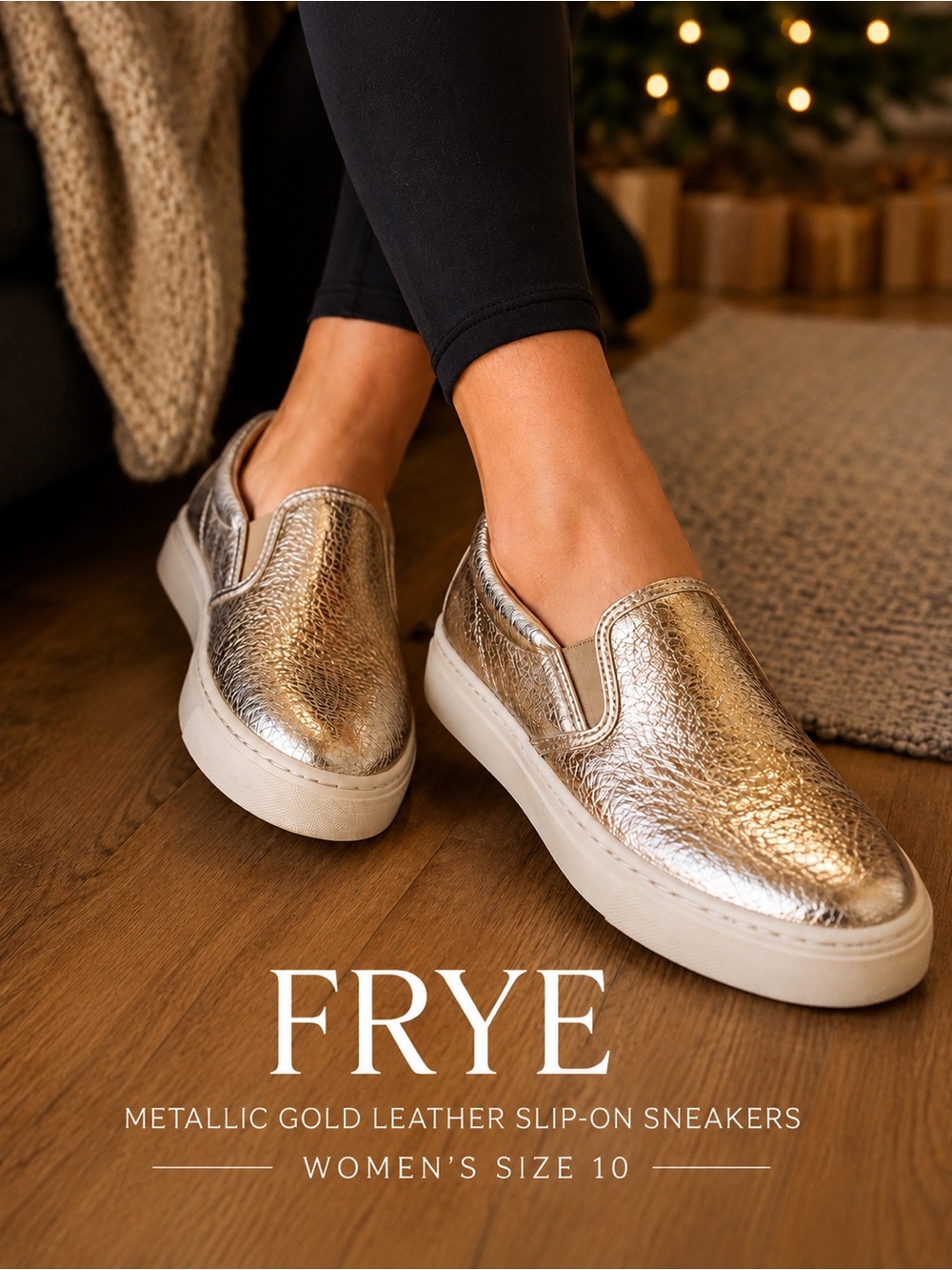Frye Metallic Gold Leather Slip-On Sneakers | Women’s Size 10